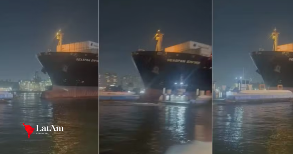 Navio porta-contêineres atinge duas balsas no Porto de Santos e tripulantes pulam no mar