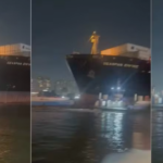 Navio porta-contêineres atinge duas balsas no Porto de Santos e tripulantes pulam no mar